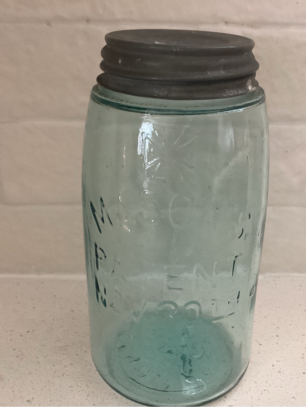 Antique “HERO CROSS” Aqua Blue glass Mason canning jar dating back to 19thC